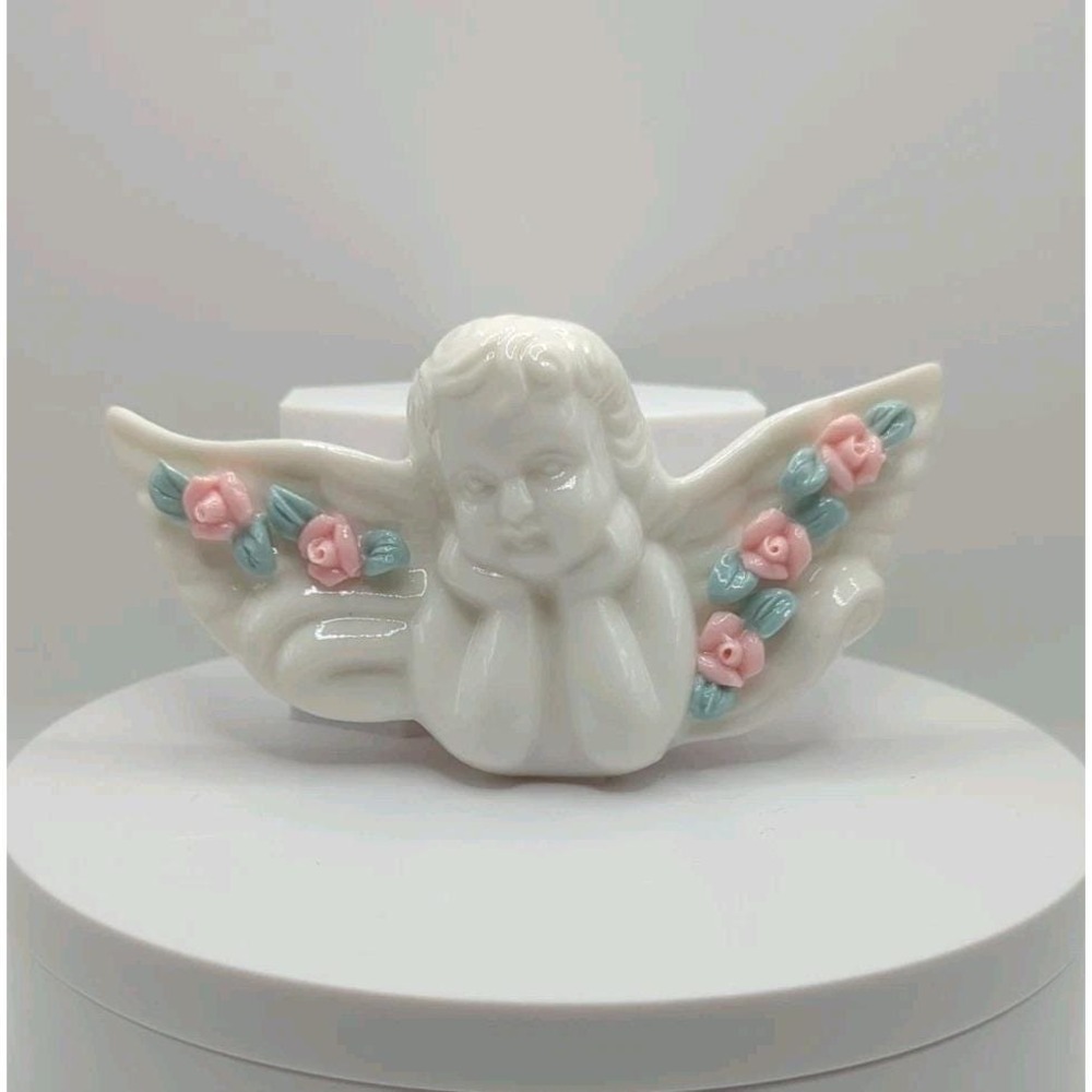 Vintage Angel Cherub Floral Ceramic Wall Hanging Figurine White Pink Small